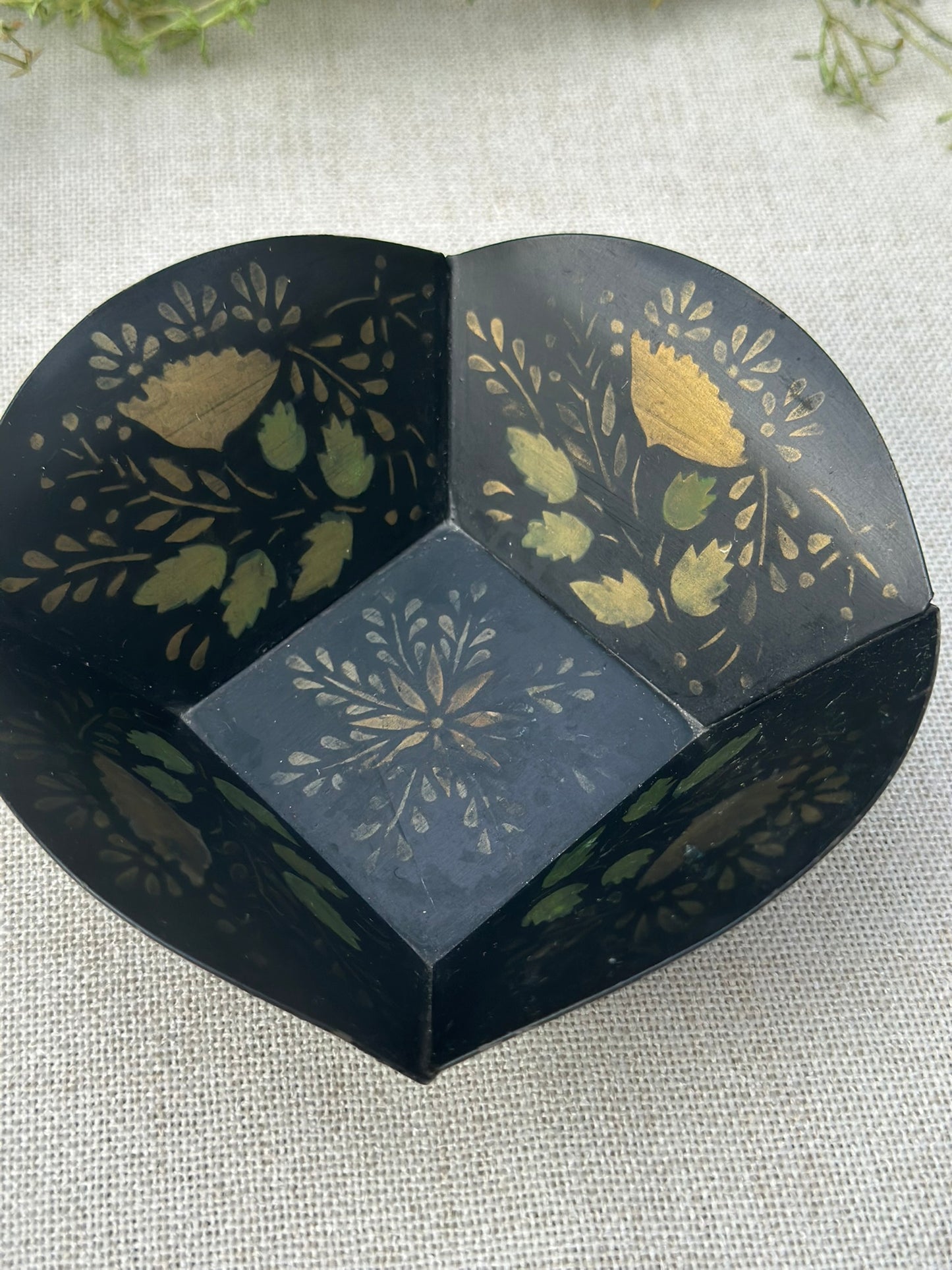 Black Toleware-Style Tin Dish | Vintage Hand-Painted Floral Catchall