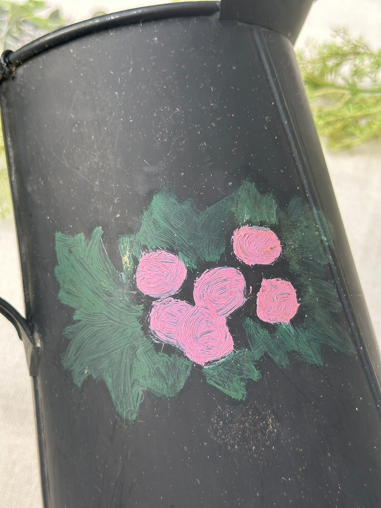 Black Toleware-Style Floral Pitcher with Hand-Painted Roses