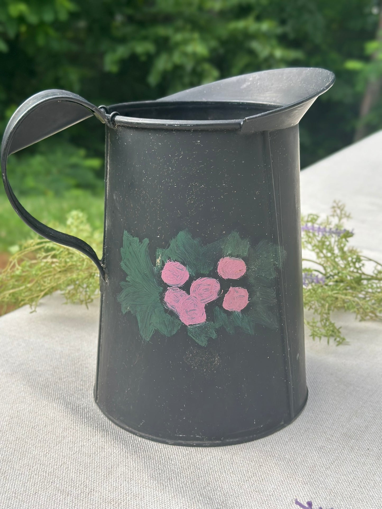 Black Toleware-Style Floral Pitcher with Hand-Painted Roses