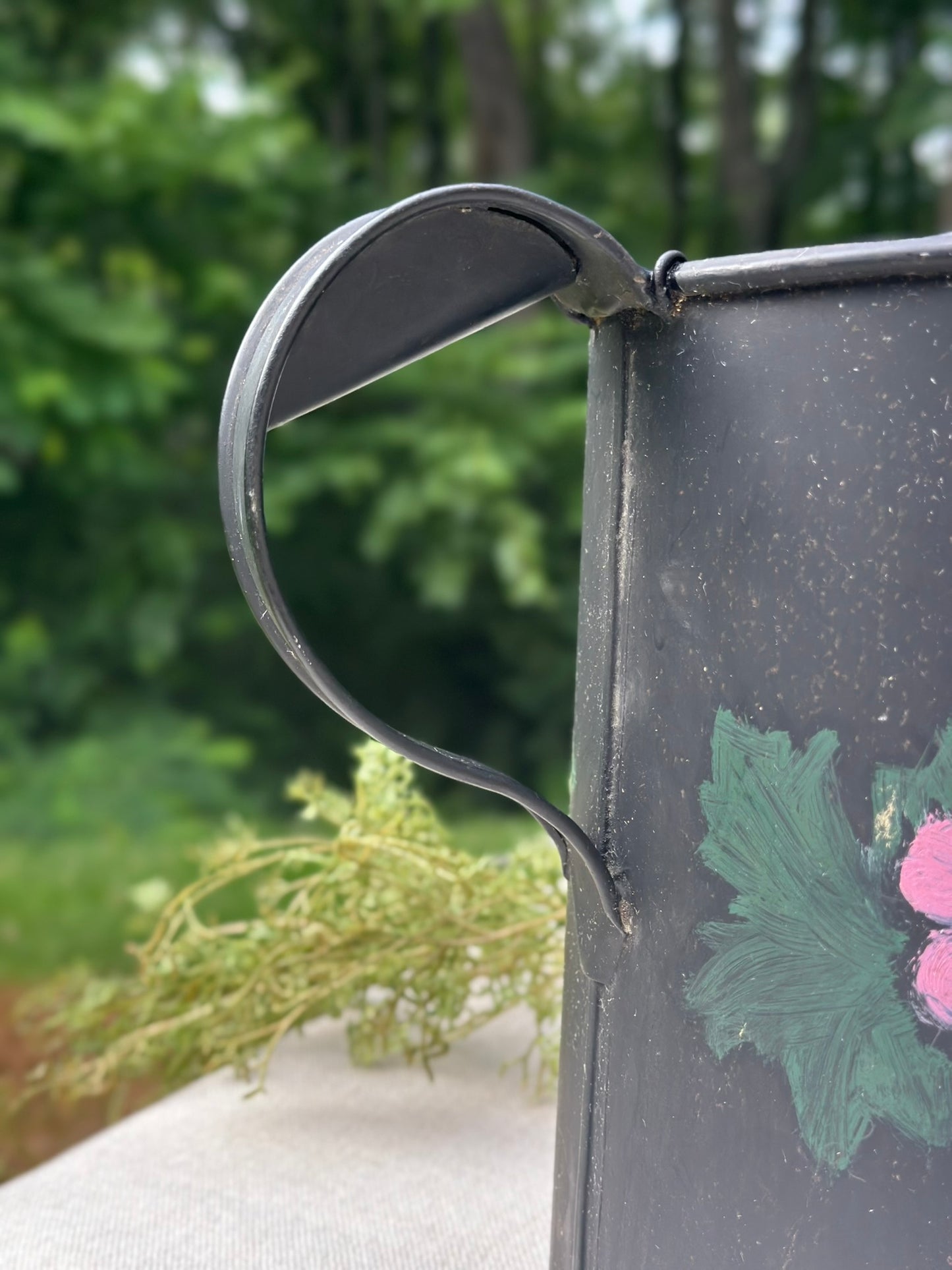 Black Toleware-Style Floral Pitcher with Hand-Painted Roses