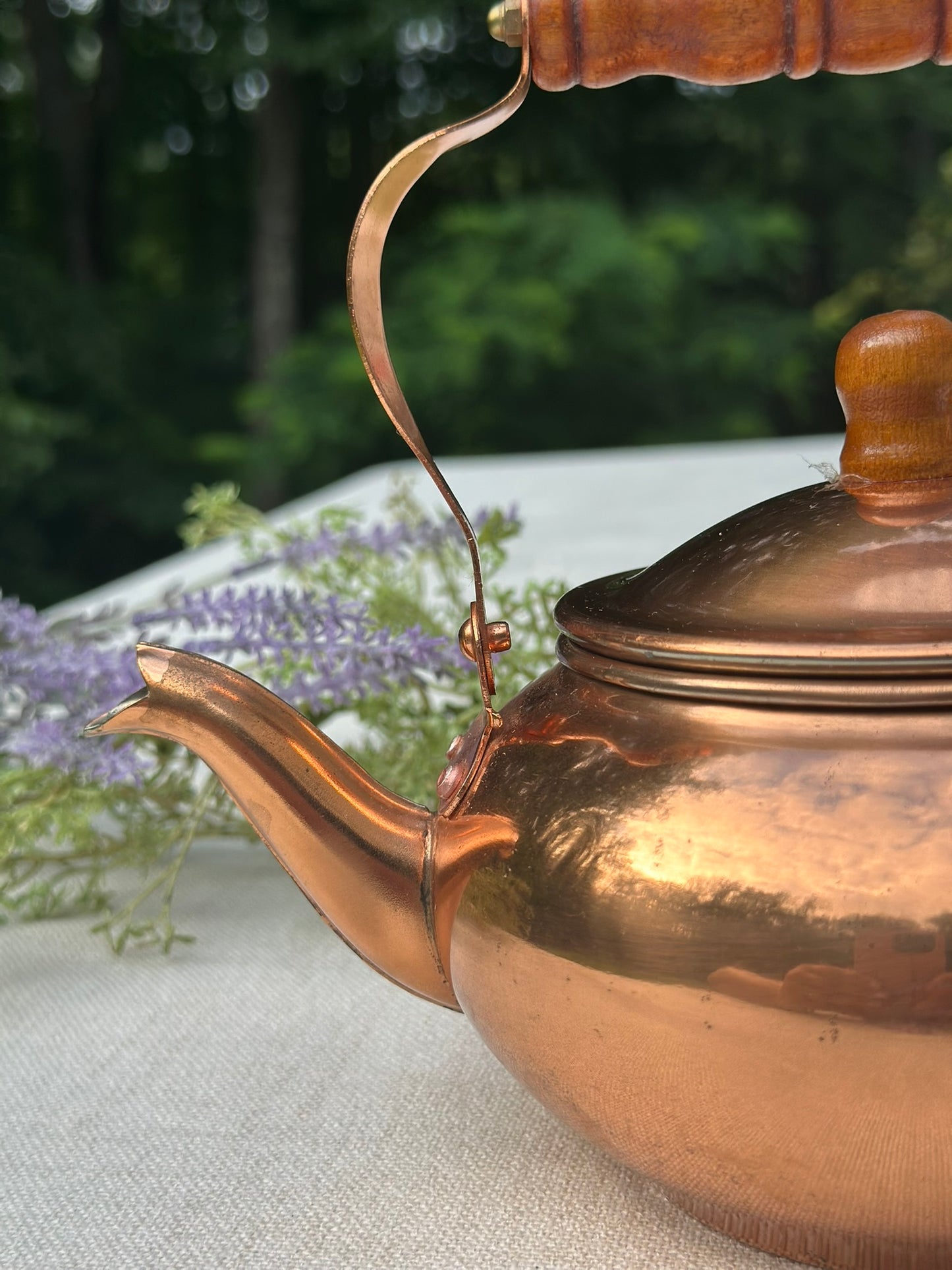 Vintage Tea Kettle with Wood Handle | Midcentury Lined Kettle