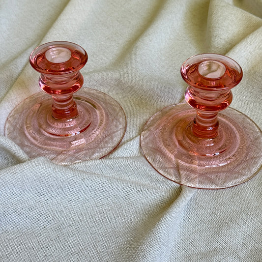 Vintage Pink Depression Glass Candle Holders | Etched Glass | Set of 2