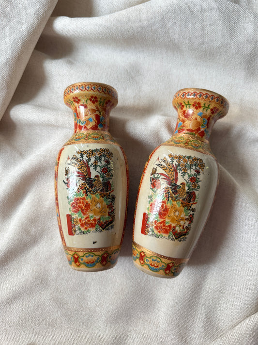 Vintage Hand-Painted Japanese Vases | Pair with Gilded Bird & Floral Motif