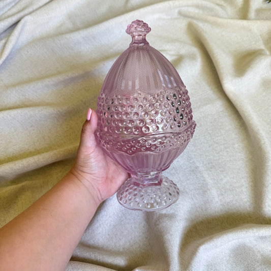 Vintage Gorham Pink Glass Lidded Candy Dish | Hobnail & Chevron Pattern