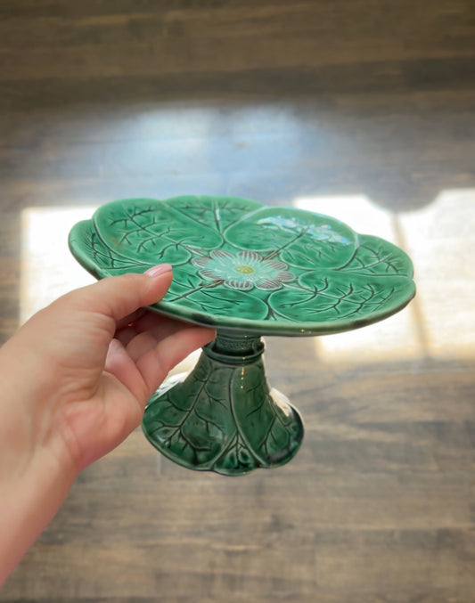 Vintage Majolica Strawberry Pedestal Cake Stand | Hand-Painted Ceramic Fruit & Leaf Design