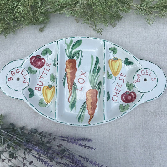 Hand-Painted Bagel Tray | “Lox, Butter, Cheese” Ceramic Sectioned Dish with Skewer Holes (Made in Italy)