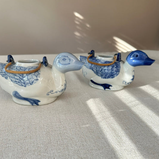 Blue & White Duck Teapots | Hand-Painted Porcelain Ducks with Rattan Handles (Sold Individually)