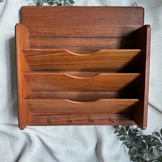 Vintage Goodwood Genuine Teak Wall Organizer with Mail Slots & Key Hooks | Mid-Century Modern Entryway Storage