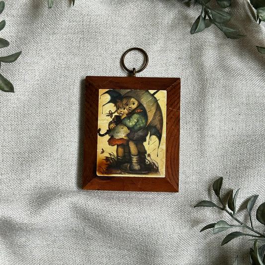 Vintage Hummel-Style Wood Plaque – Children with Umbrella, 5"x3.5"