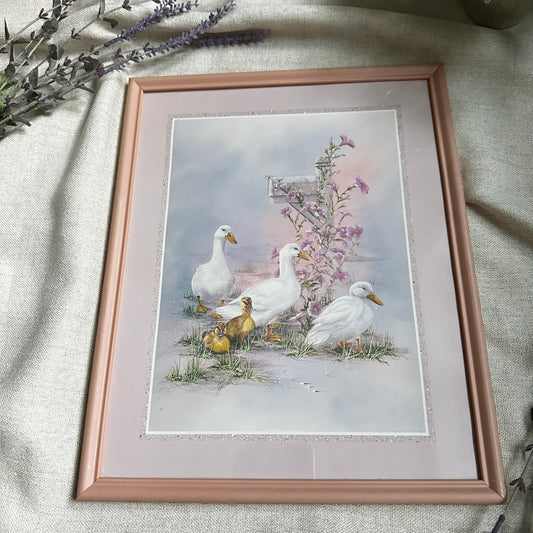 Vintage Duck Family Framed Print | Pastel Waterfowl Wall Art in Pink Frame
