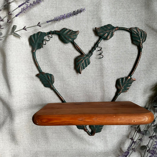 Vintage Heart Wall Shelf with Leaf Vine Iron Frame and Solid Wood Platform