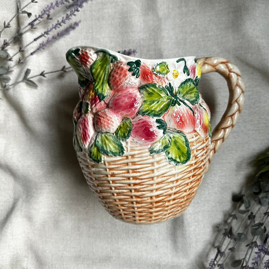 Vintage Strawberry Basket Pitcher | Hand-Painted Ceramic Fruit Jug with Braided Handle