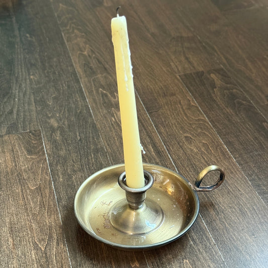 Vintage Chamberstick Candle Holder with Brass Finish | Loop Handle | Colonial-Style Taper Holder