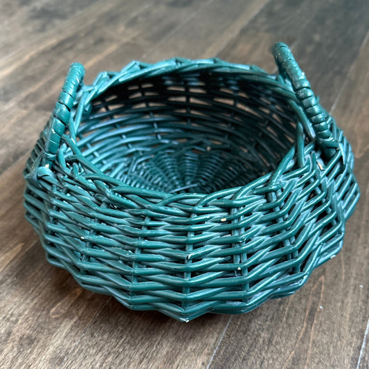 Vintage Forest Green Wicker Basket with Handles | Oval Catchall | Painted Rattan Decorative Bowl