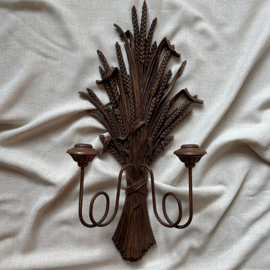 Vintage Ethan Allen Sheaf of Wheat Wall Sconce | Faux Wood Double Candle Holder | 1970s Decor
