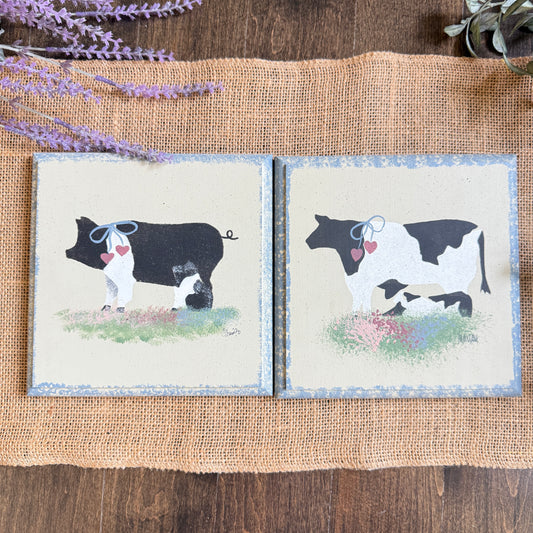 Vintage Farmhouse Animal Wall Art Set | Hand-Painted Cow & Pig Plaques | Country Primitive Decor