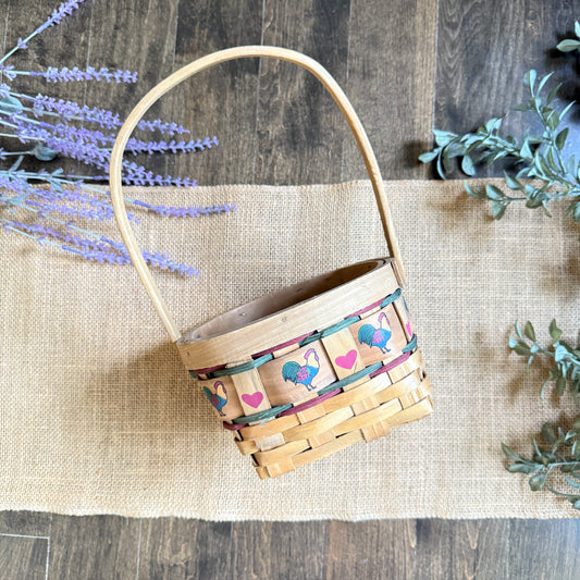 Vintage Woven Basket with Rooster & Heart Trim | Rustic Farmhouse Easter or Kitchen Decor