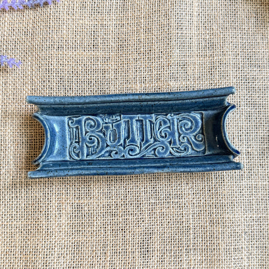 Vintage Blue Stoneware Butter Dish | Embossed Lettering | Handmade Pottery Butter Keeper