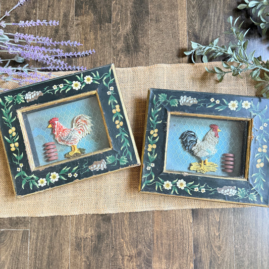 Vintage Framed Rooster Shadowbox Pair | Hand-Painted Folk Art Kitchen Decor | Rustic Farmhouse Wall Art