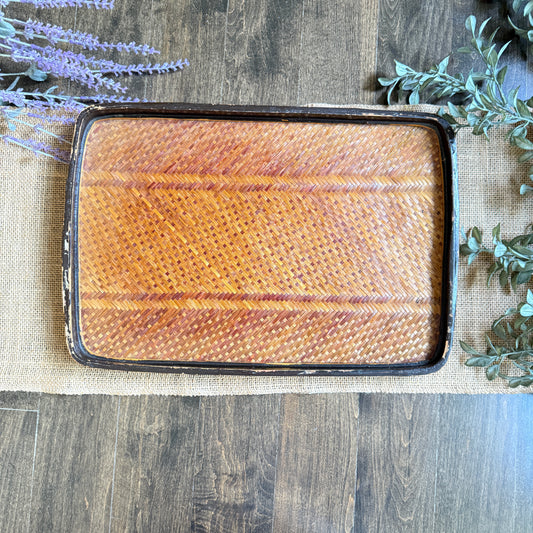 Vintage Woven Tray with Black Lacquer Frame | Large Decorative Boho Basket Tray