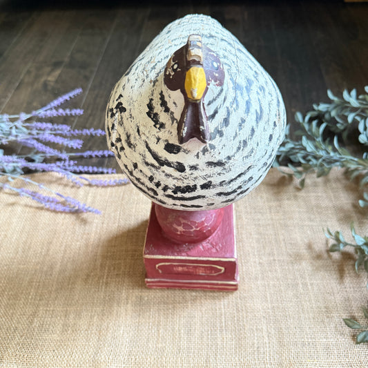 Primitive Folk Art Chicken Sculpture | Hand-Carved Painted Wood Hen on Red Pedestal | Rustic Farmhouse Shelf Decor