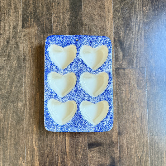 Vintage Style Ceramic Heart Mold | Blue Spongeware, Wall Hanging