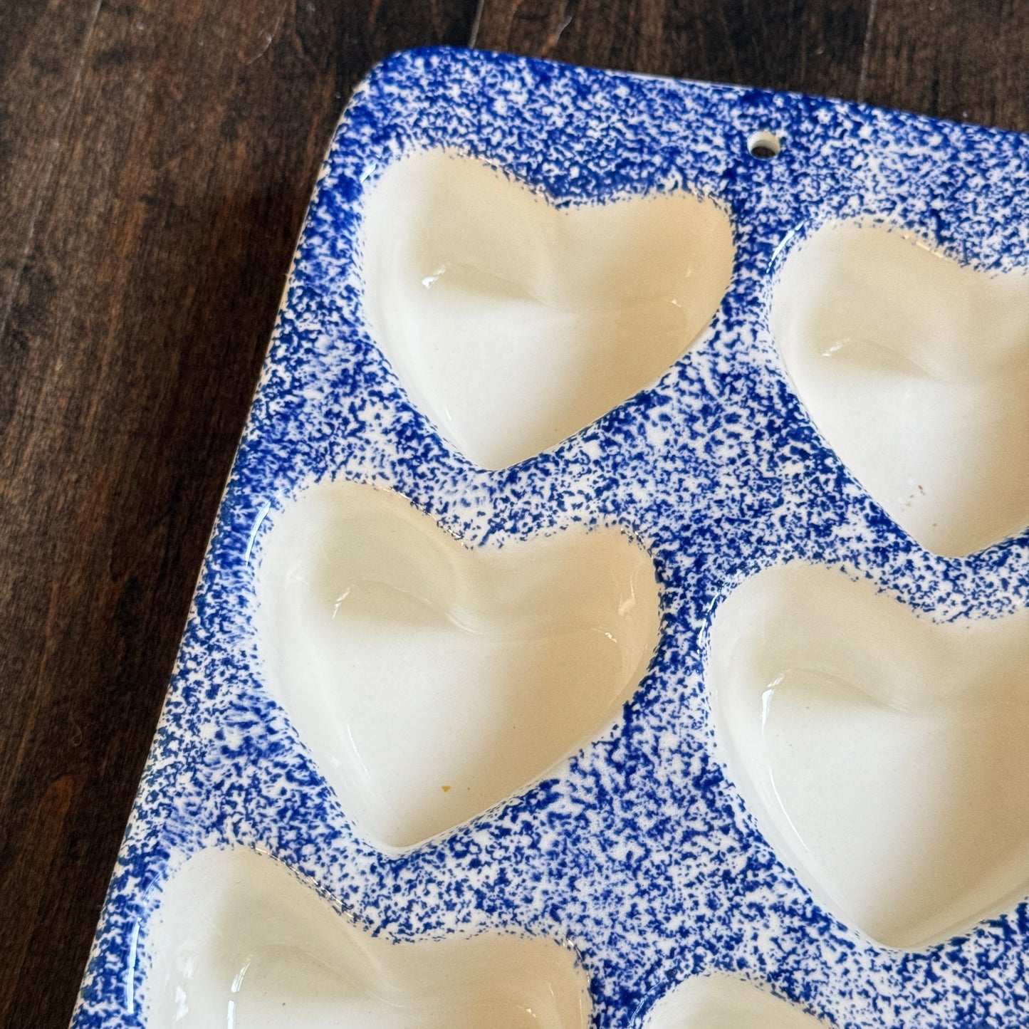 Vintage Style Ceramic Heart Mold | Blue Spongeware, Wall Hanging