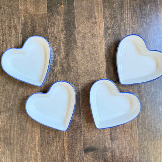 Set of 4 White Heart Ramekins with Blue Trim | IDG Stoneware | Cottagecore or Valentine Shelf Decor