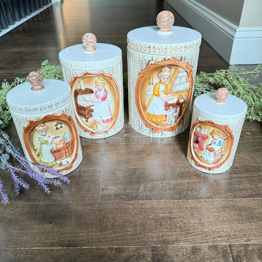 1978 Sears Pioneer Woman / Girls at Home Canister Set | Vintage Ceramic Kitchen Jars | Made in Japan
