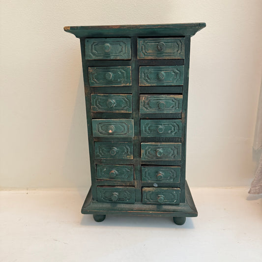 Vintage Apothecary-Style Miniature Cabinet | Hand-Carved Green Wood Chest with 15 Drawers | Rustic Spice or Trinket Storage