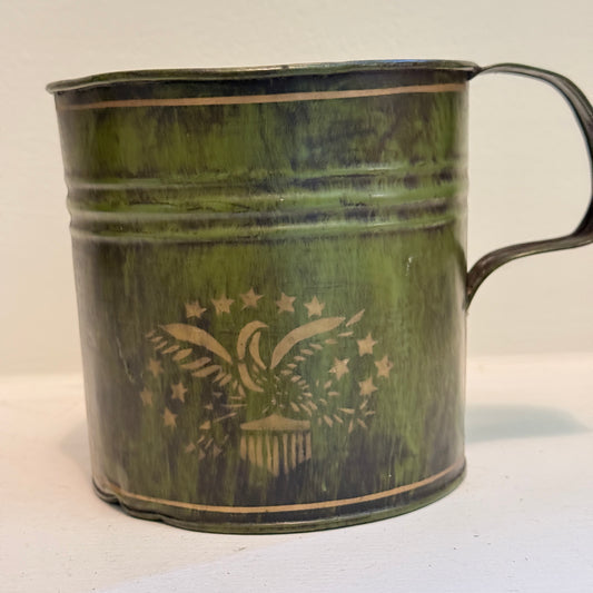 Vintage Green Colonial Tin Mug | Primitive Eagle & Stars Patriotic Decor | Rustic Americana Accent