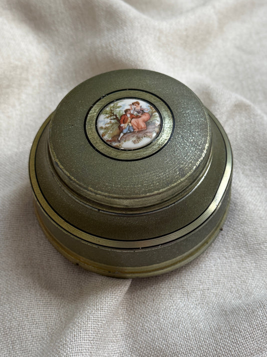 Vintage Musical Powder Box with Porcelain Courting Scene | Gold-Tone Vanity Decor