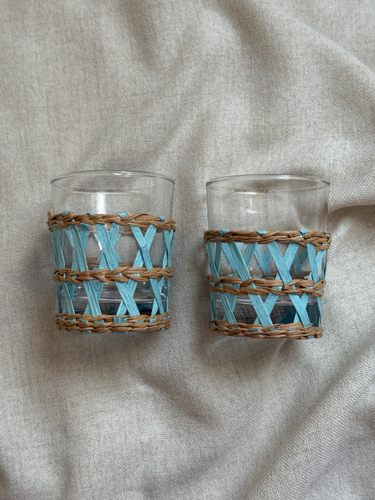 Pair of Vintage Wicker Wrapped Glass Tumblers | Blue and Natural Rattan Drinkware