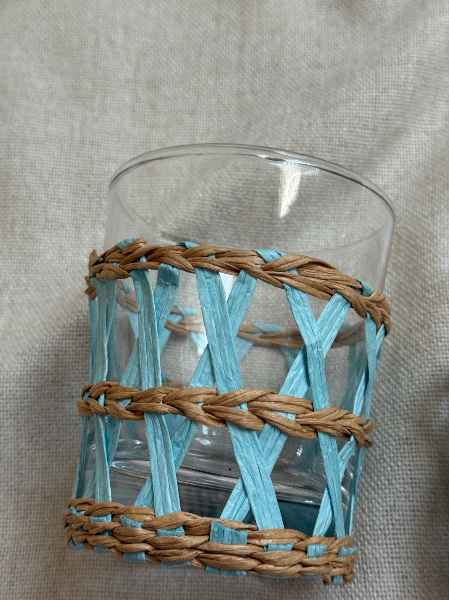 Pair of Vintage Wicker Wrapped Glass Tumblers | Blue and Natural Rattan Drinkware