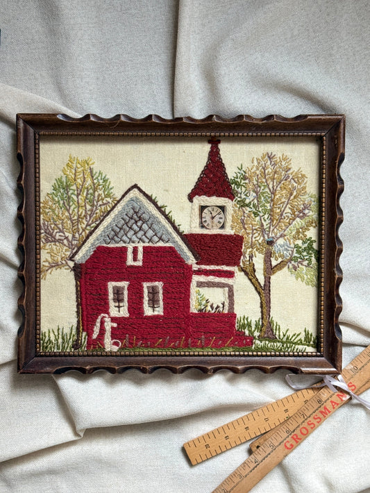 Vintage Red Schoolhouse Crewel Embroidery | Framed 1970s Needlework Wall Art
