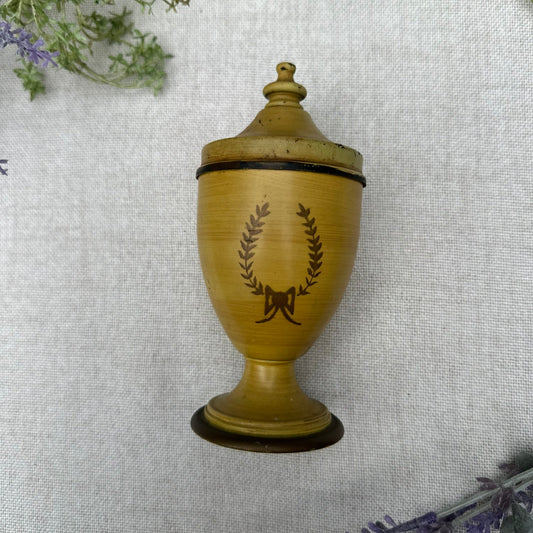 Vintage Yellow Tin Lidded Urn – Laurel Wreath Motif Trinket Container