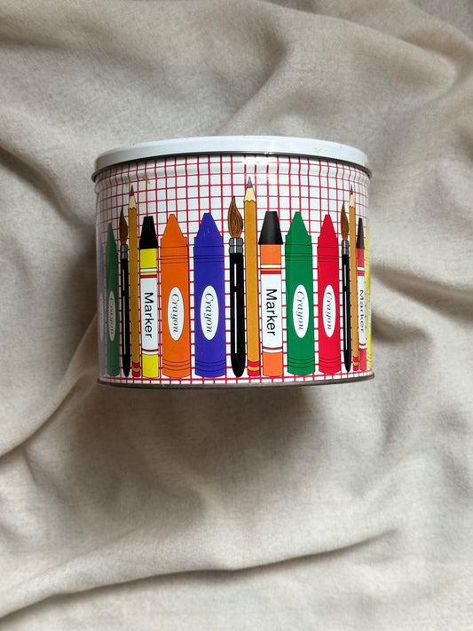 Vintage Crayon Pencil Tin with Lid | 1990s School Supply Print Metal Storage Container