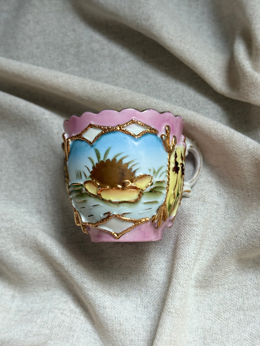 Antique Porcelain Mustache Cup | Pink & Gold Water Lily Scene