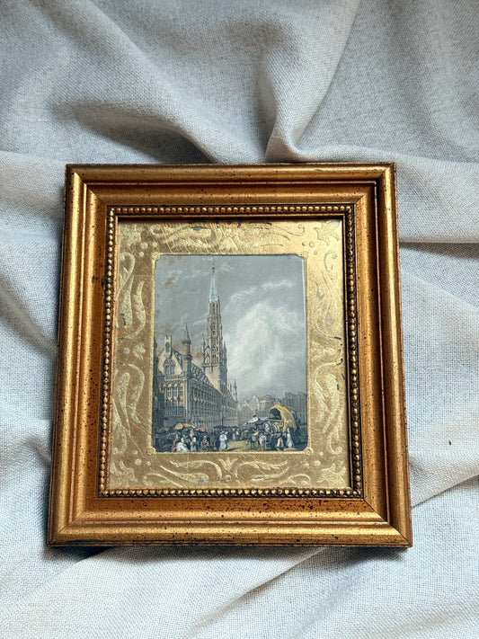 Antique-Style Framed Architecture Print | Gilt Frame with Stenciled Mat | European Street Scene