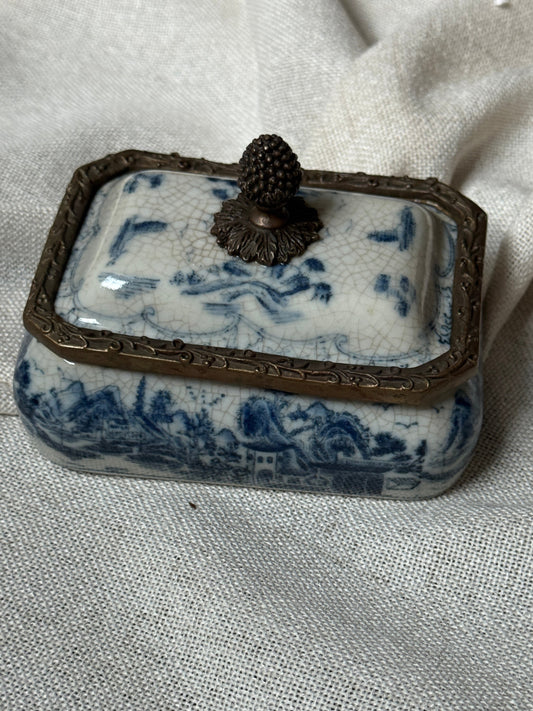 Antique Blue & White Transferware Trinket Box with Metal Mounts and Pinecone Finial