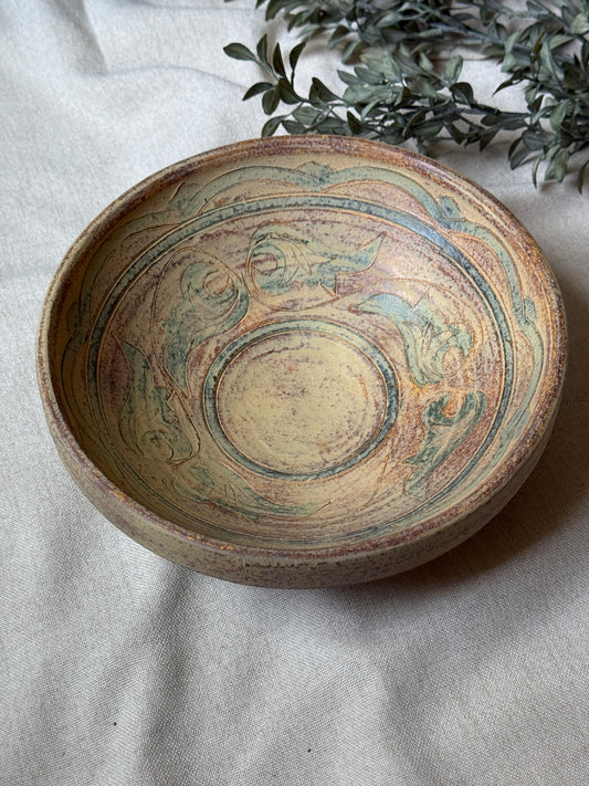 Vintage Decorative Carved Bowl | Textured Earthenware with Green & Rust Tones