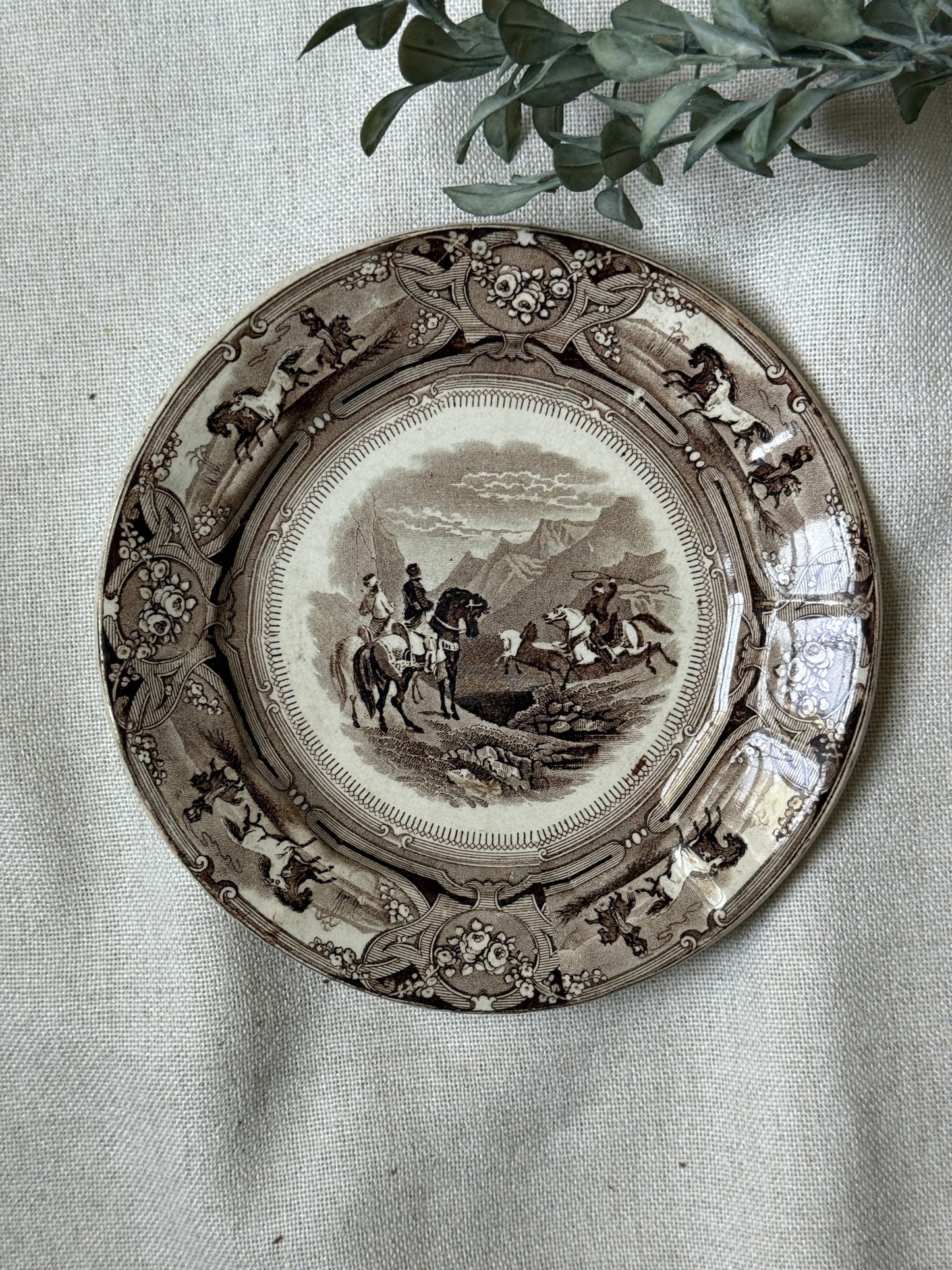 Antique Shaw’s Peruvian Horse Hunt Dessert Plate | Brown Transferware – 1800s