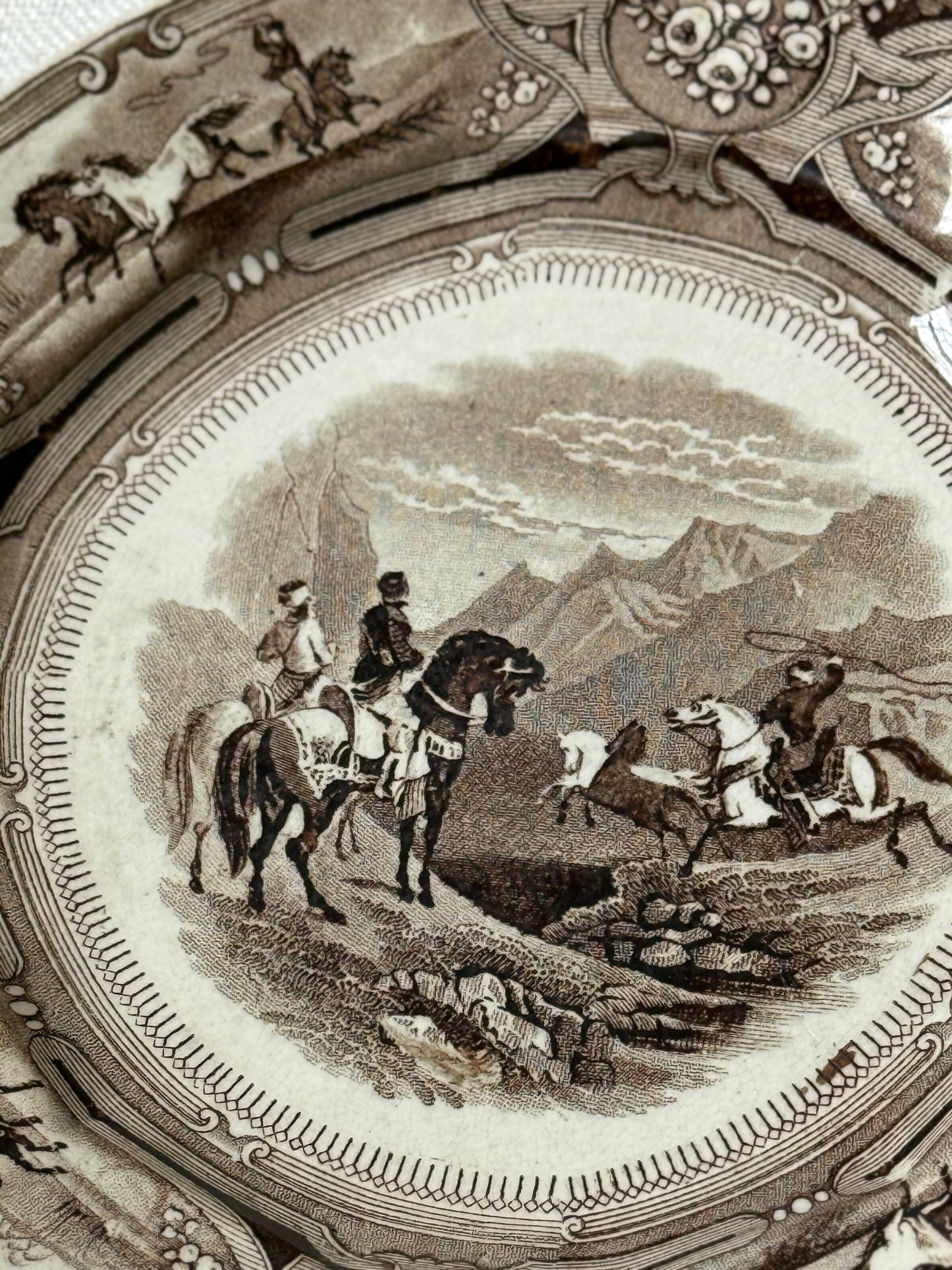 Antique Shaw’s Peruvian Horse Hunt Dessert Plate | Brown Transferware – 1800s