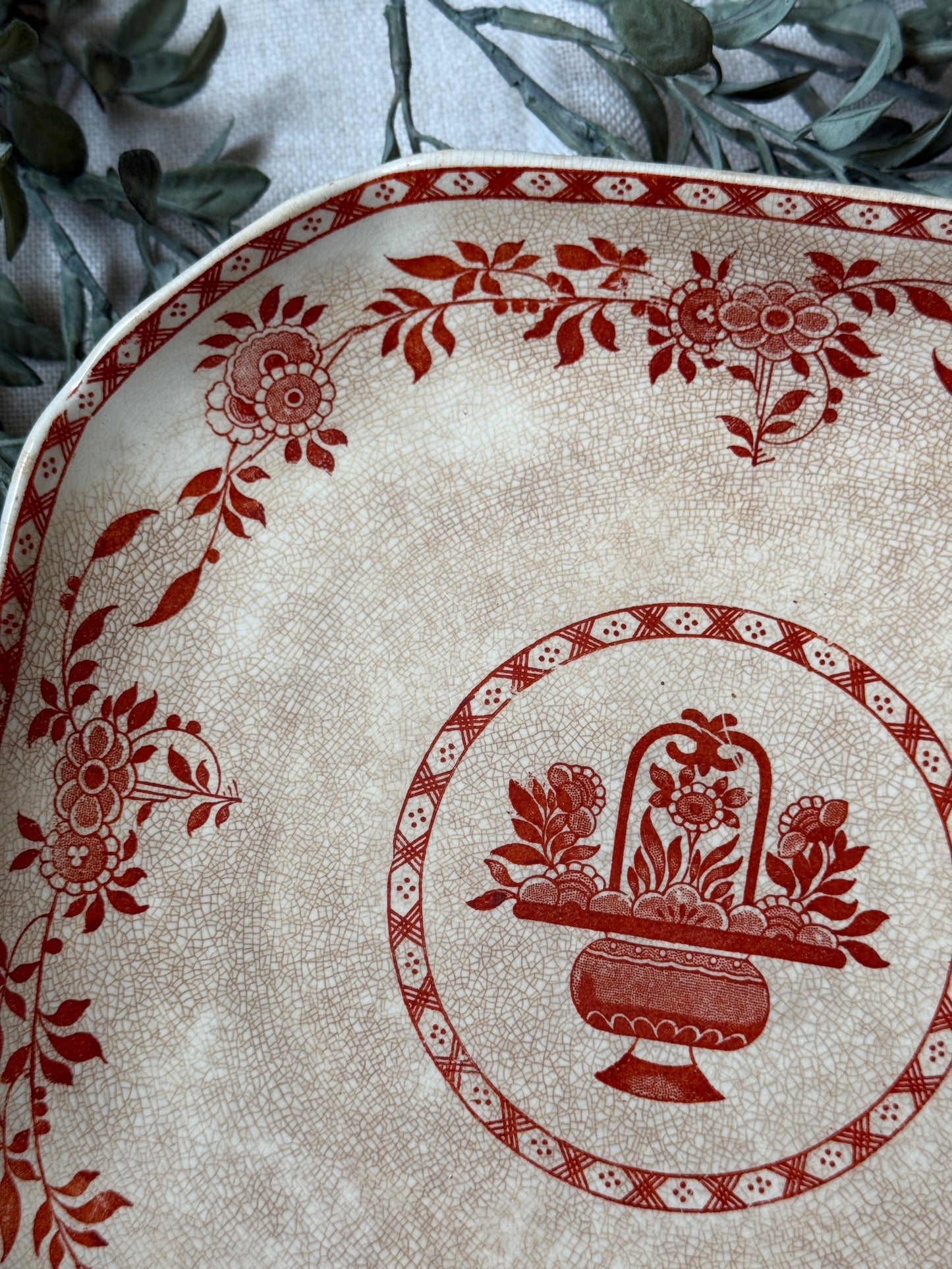 Antique Minton "Delft" Red Transferware Plate | Octagonal Floral Basket | England, Early 1900s