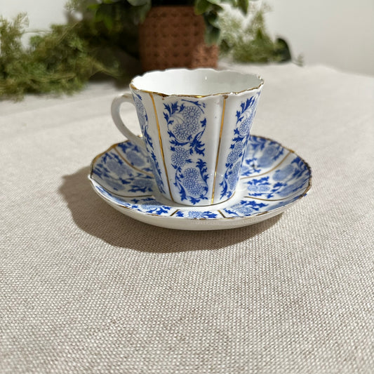 Antique Blue & White T&R Fluted Teacup & Saucer | Chrysanthemum Motif with Gold Trim