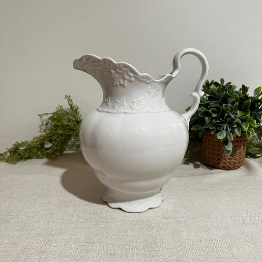 Antique White Ironstone Pitcher with Embossed Leaf Motif – W.T. & Co. Hanley