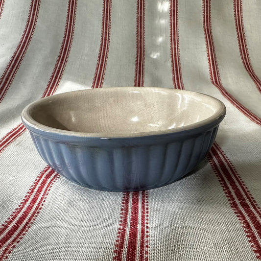 Vintage Blue Glazed Stoneware Bowl with Ribbed Sides & Crazed Cream Interior