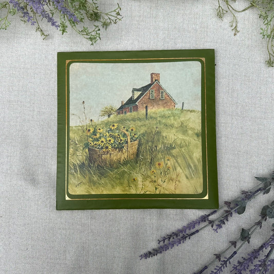 Vintage Stylecraft | Green Vinyl Wall Decor with Country House & Wildflowers