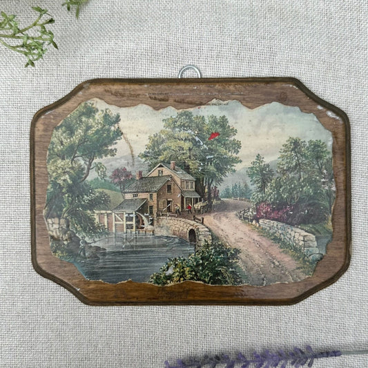 Vintage Wood Wall Plaque with Cottage Scene | Distressed Decoupage Landscape