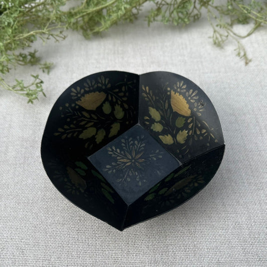 Black Toleware-Style Tin Dish | Vintage Hand-Painted Floral Catchall